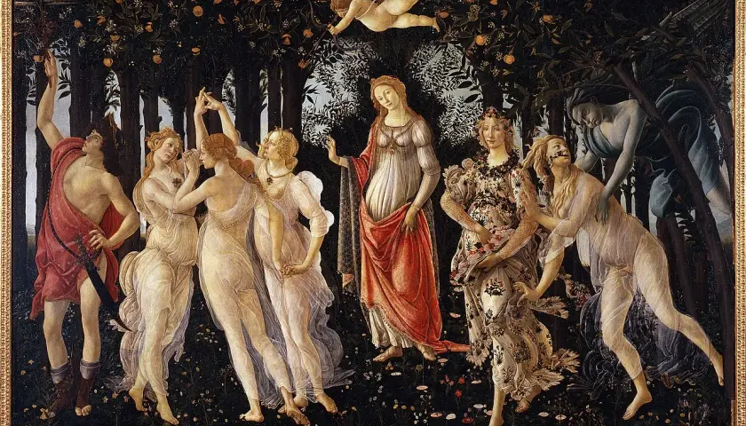 Botticelli's "Primavera" zeigt mythologische Figuren in einem blühenden Garten. Zephyrus jagt Chloris, die sich in Flora verwandelt.