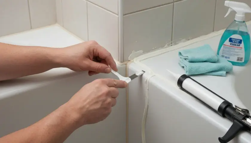 Ręce wygładzają świeży silikon wokół wanny, pokazując, jak silikonować wannę. Obok pistolet z silikonem i płyn do czyszczenia.