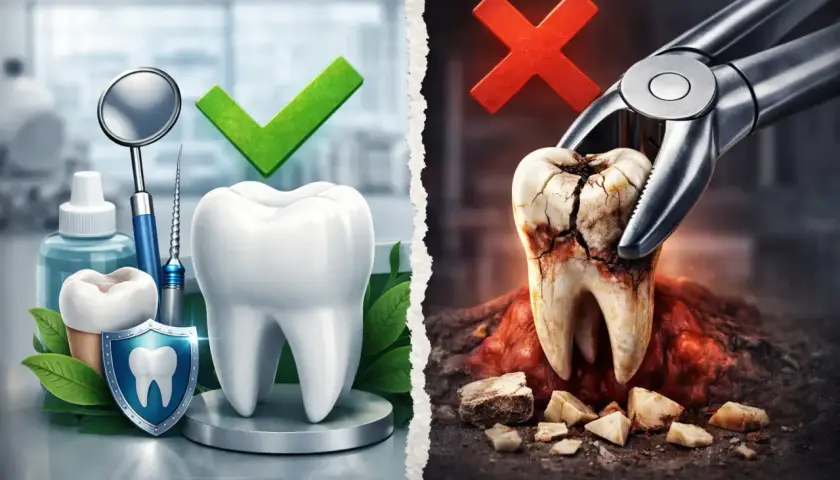 Zdrowy ząb obok narzędzi dentystycznych i zepsuty ząb w kleszczach. Dbaj o zęby, by uniknąć bardzo zepsutych zębów.