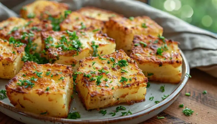 Carrés de pommes de terre croustillants, parfaits pour une recette feuille de brick revisitée. Garnis de persil frais.