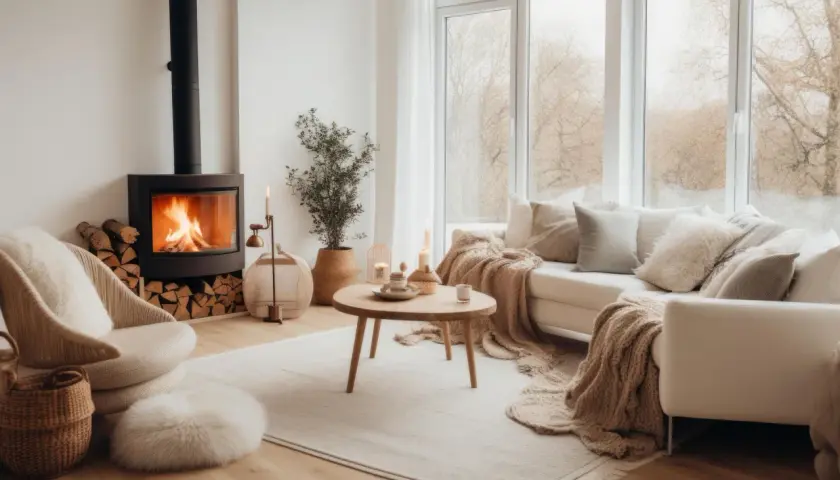 Przytulny salon z palącym się piecem kozą, wygodną kanapą i dużym oknem.