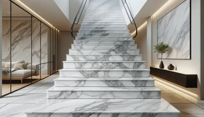 Una maestosa scala in gres porcellanato, con gradini bianchi e venature grigie, conduce verso l'alto. A sinistra, un salotto moderno separato da vetrate.