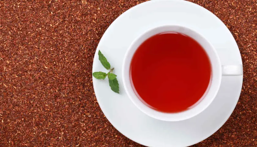 Taza de té rojo con menta, rodeada de hojas secas. Descubre los te rojo beneficios para tu bienestar.