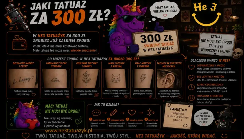 Fajny tatuaż za 300 zł w HE3 Tatuażyk! Mały tatuaż, wielka radość, świetny tatuaż, który jest widoczny i fajny.