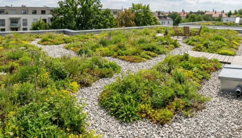 Grünes Paradies auf einem Flachdach mit vielen Pflanzen und Kiesflächen. Solarpaneele und Sitzgelegenheiten sind ebenfalls zu sehen.
