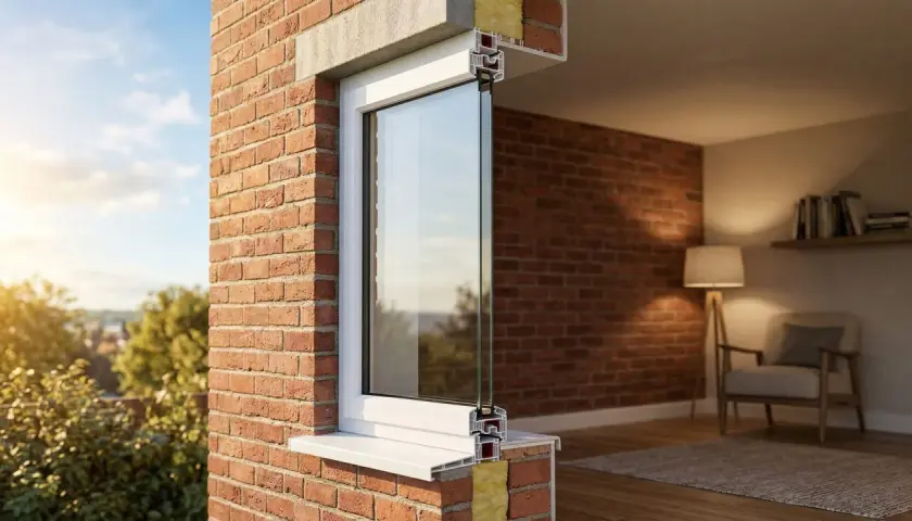 Corte de ventana con vidrio doble bajo emisivo, mostrando aislamiento y el interior de una habitación acogedora.