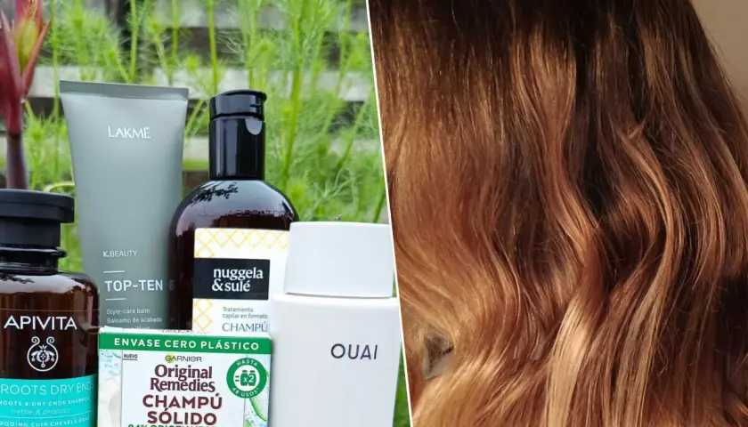 Variedad de champús y tratamientos capilares, incluyendo champú sólido y brillo para el cabello, ideales para un cuidado sin siliconas.