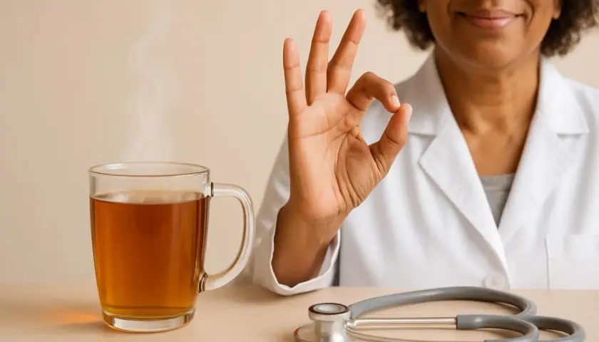Medico con gesto OK, tazza di tisana per andare in bagno fai da te fumante e stetoscopio.