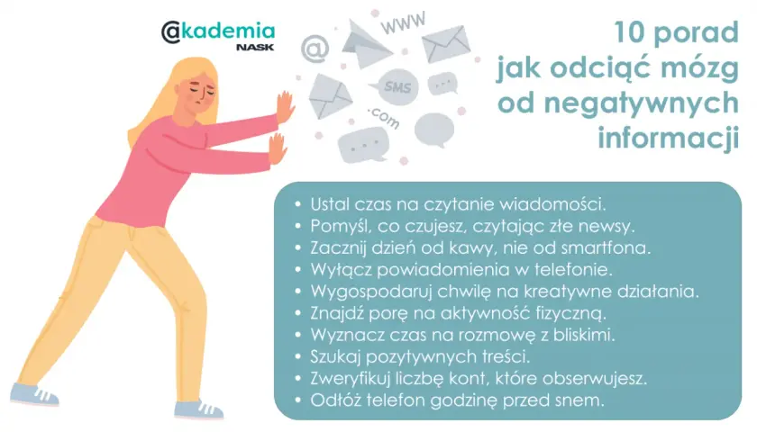 Kobieta walczy z natłokiem negatywnych informacji, próbując przerwać doomscrolling. Porady jak odciąć mózg od złych newsów.