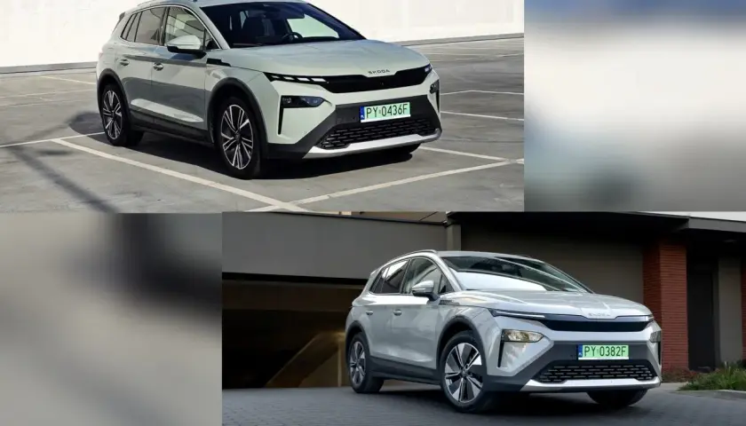 Dwa modele Skoda Elroq w różnych kolorach, jeden jasnoszary na parkingu, drugi srebrny przed budynkiem.