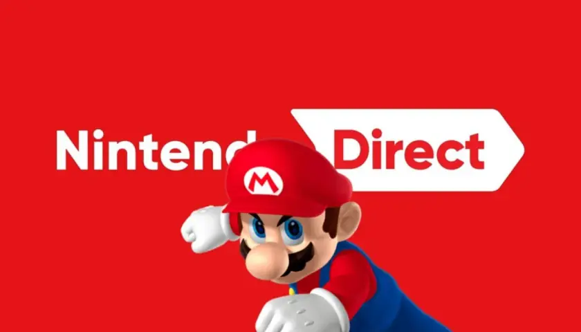 Mario gotowy na nowy Nintendo Direct! Czerwone tło z białym napisem i ikonicznym hydraulikiem.