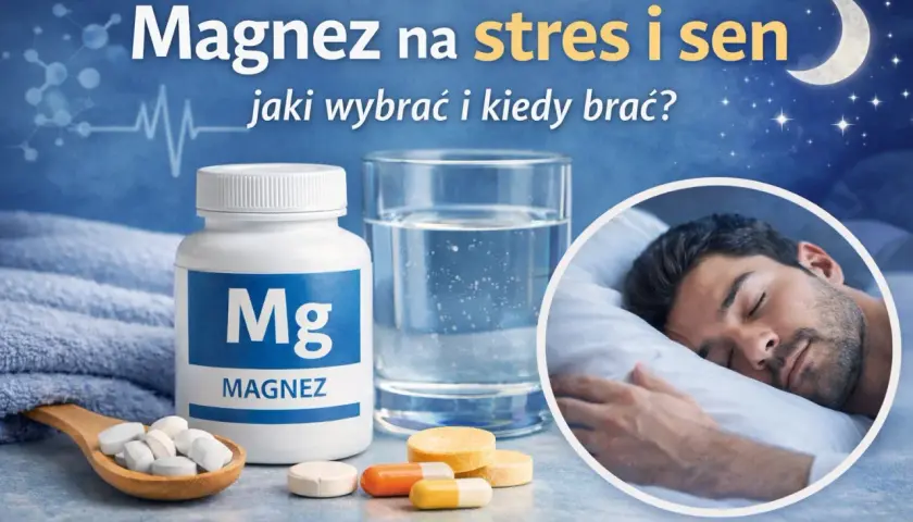 Magnez na stres i sen: butelka suplementu, szklanka wody, tabletki i śpiący mężczyzna. Jaki magnez na sen wybrać?