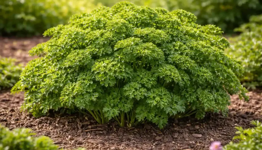 Un folto cespuglio di **pianta prezzemolo** riccio, rigoglioso e verde brillante, cresce su un terreno scuro e terroso.
