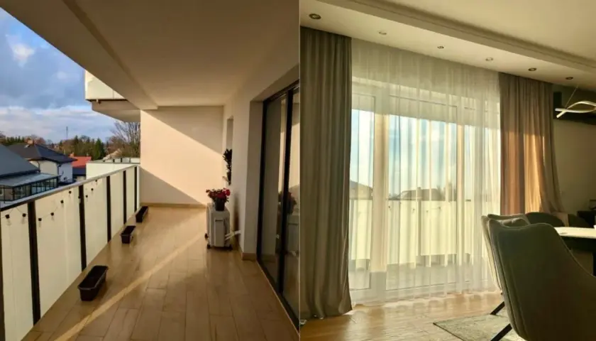 Dwa ujęcia: balkon z widokiem na domy i wnętrze z zasłonami i krzesłami.