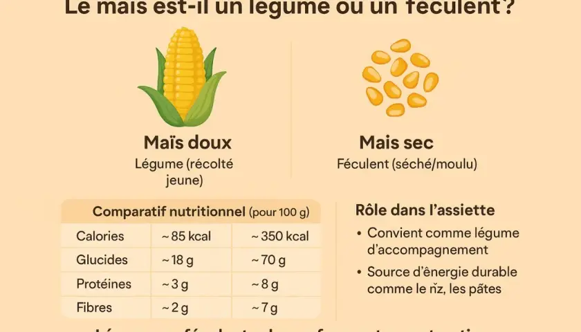Le maïs est-il une céréale ? L'image compare le maïs doux (légume) et le maïs sec (féculent), montrant leurs rôles et valeurs nutritionnelles.
