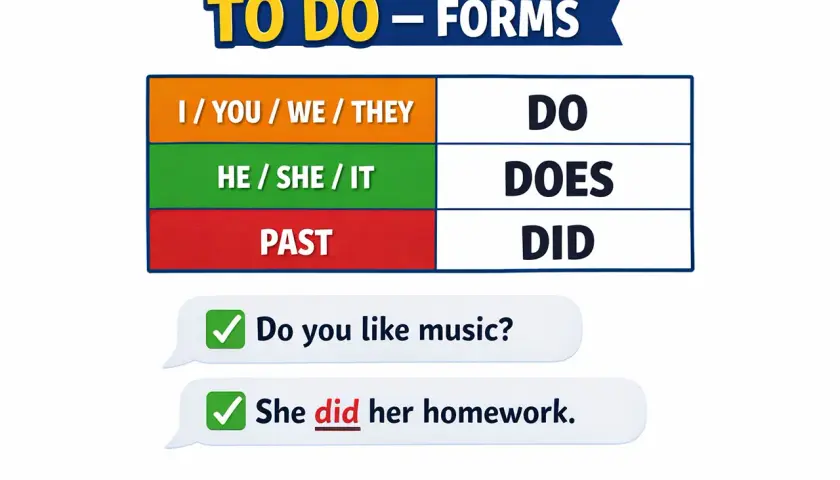 Tabela odmiana przez osoby czasownika "to do" po angielsku: DO, DOES, DID. Przykład: "She did her homework.