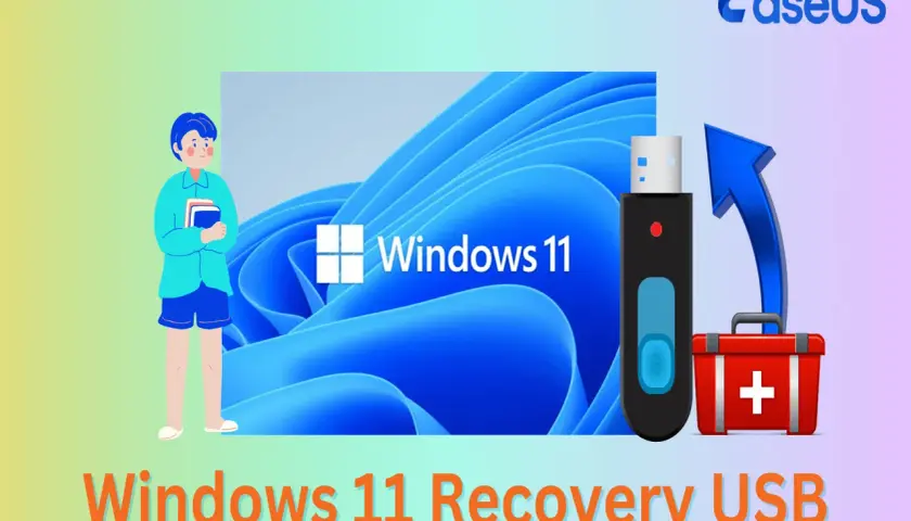 Ein Junge hält Bücher, daneben ein USB-Stick mit Windows 11 Logo und eine rote Erste-Hilfe-Tasche. Erstellung eines Windows 11 Recovery USB.