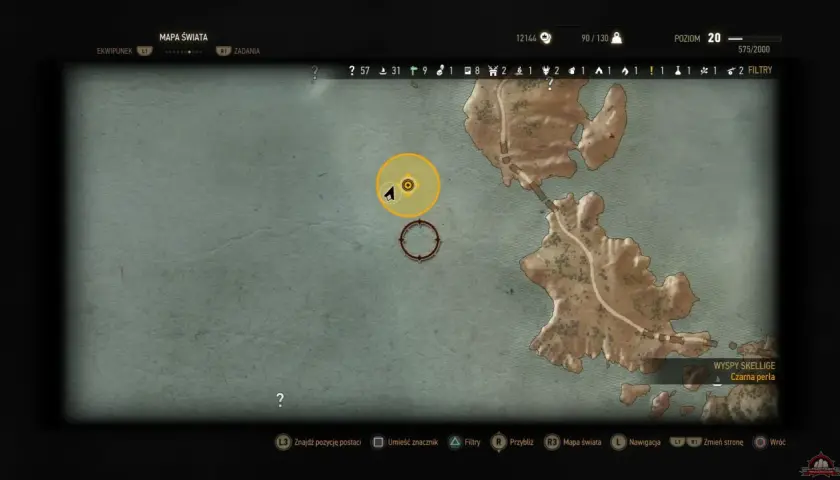 Mapa świata Wiedźmin 3. Wskazuje Wyspy Skellige, a konkretnie Czarną Perłę.