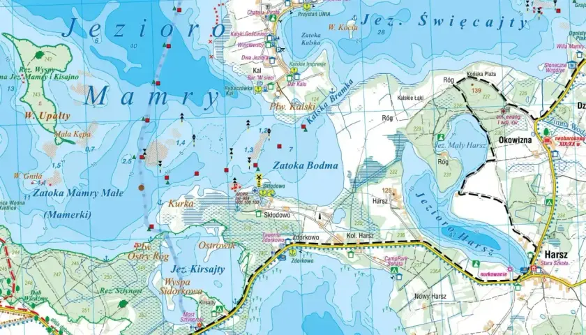 Mapa Mazur pokazuje Jezioro Mamry i Jezioro Harsz. Ile jest jezior na Mazurach? Tysiące!