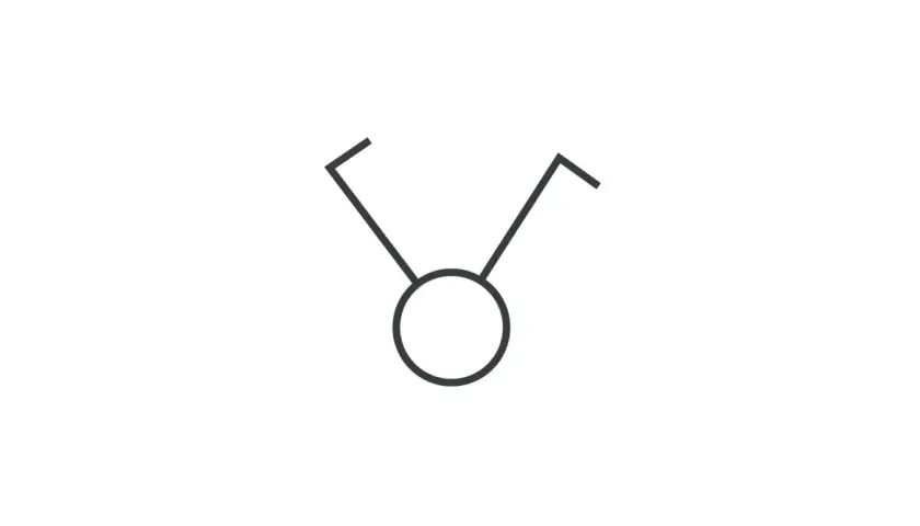 Symbol wyłącznika schodowego: okrąg z dwoma ramionami skierowanymi ku górze, przypominający literę "V" lub anteny.
