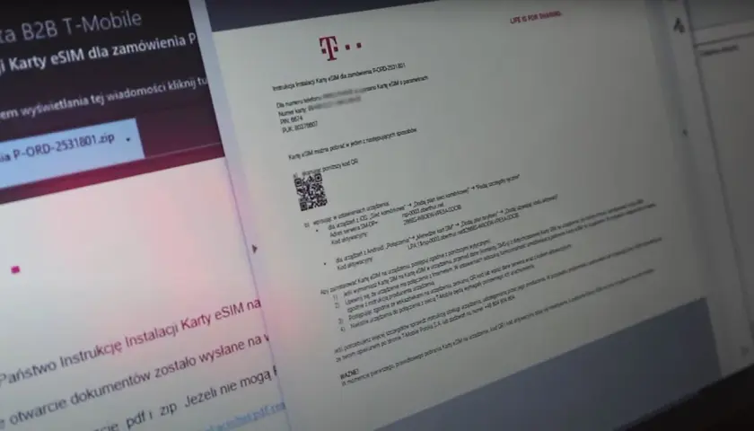 Instrukcja instalacji Karty eSIM T-Mobile. Skanuj kod QR lub wpisz dane serwera, by aktywować kartę.