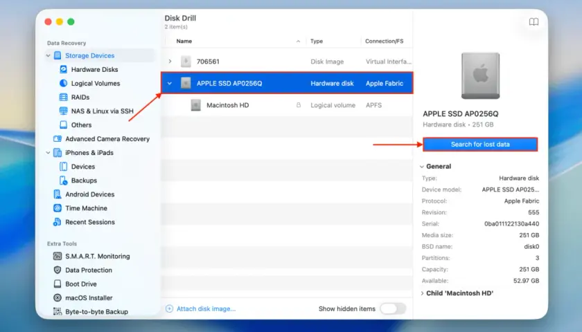 Jak znaleźć kosz w komputerze? Wybierz dysk "APPLE SSD AP0256Q" i kliknij "Search for lost data".