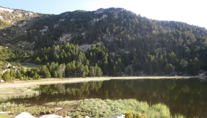 Paisaje sereno con un lago reflejando la montaña boscosa. El refugi de Malniu se esconde entre los árboles, invitando a la aventura.
