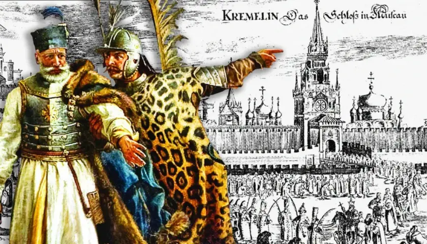 Dwóch mężczyzn w strojach historycznych wskazuje na Kreml, na tle rysunku przedstawiającego miasto i ludzi.