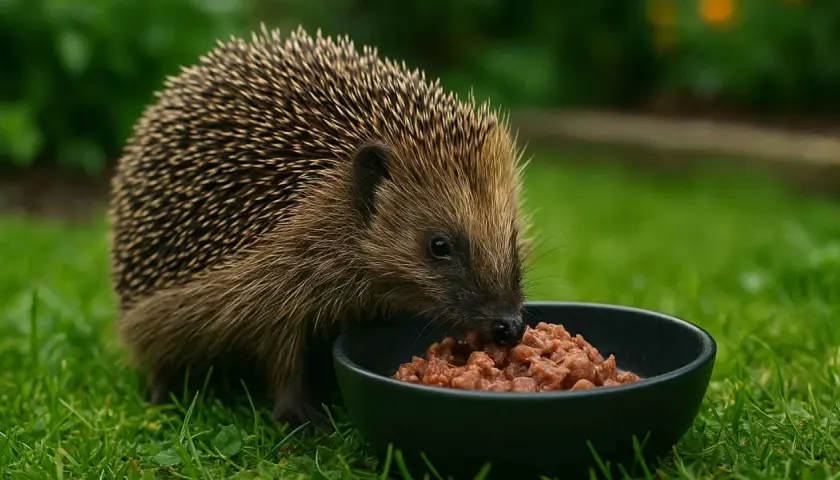 Jeż w ogrodzie zajada mokrą karmę z miseczki. Dowiedz się, czym karmić jeże w ogrodzie, by im pomóc.