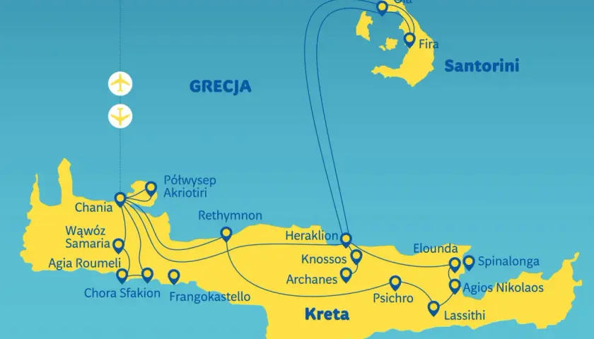 Mapa Grecji z zaznaczoną Kretą i Santorini. Trasy lotnicze łączą Kretę z Santorini, idealne na wycieczkę z krety na santorini.