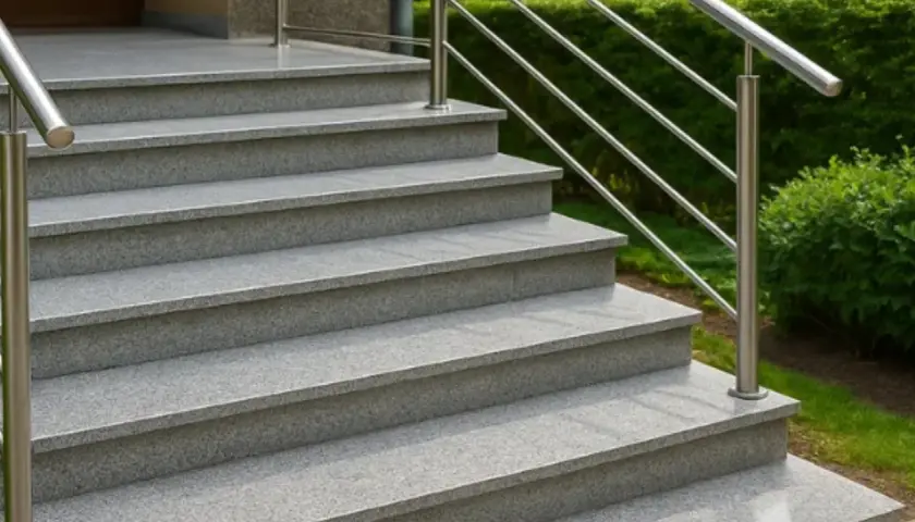 Eleganckie schody z płytek granitowych, z metalową poręczą, prowadzące do wejścia.