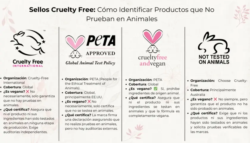 Sellos Cruelty Free: Conoce las marcas que no prueban en animales. Incluye logos de Cruelty Free International, PETA, Crueltyfree andvegan y Not Tested on Animals.