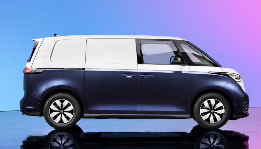 Nowy VW ID. Buzz w dwukolorowym malowaniu – granatowy dół i biała góra. Idealny do miejskich podróży i transportu.
