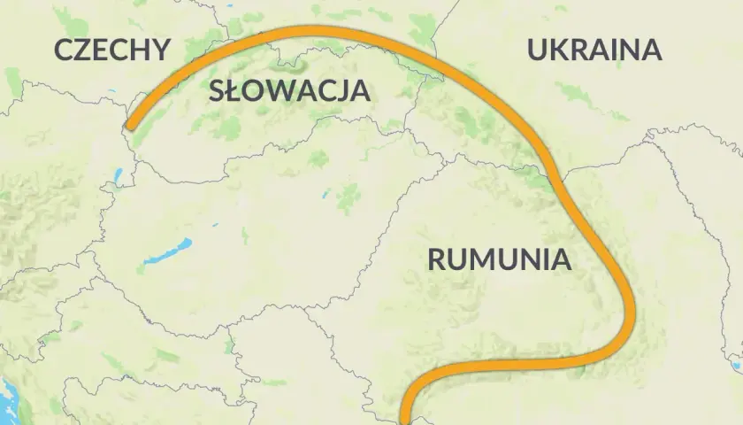 Mapa Europy Środkowej z zaznaczonym łukiem Karpat, biegnącym przez Czechy, Słowację, Polskę, Ukrainę i Rumunię.