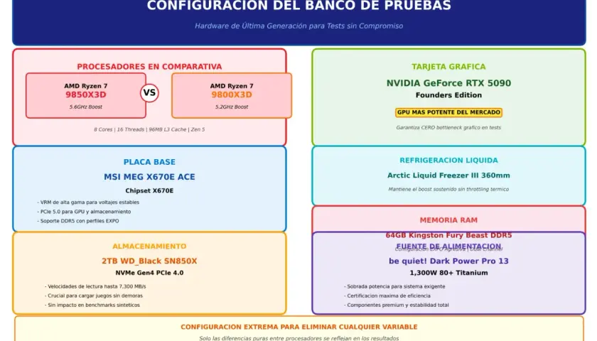 Configuración de PC: AMD Ryzen 7 9850X3D, RTX 5090, 64GB RAM, SSD NVMe. Ideal para tests sin compromisos.