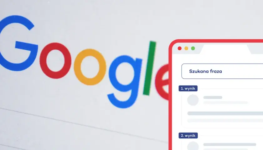 Google logo obok okna wyszukiwania z polem "Szukana fraza" i wynikami. Dążysz do darmowe pozycjonowanie stron?