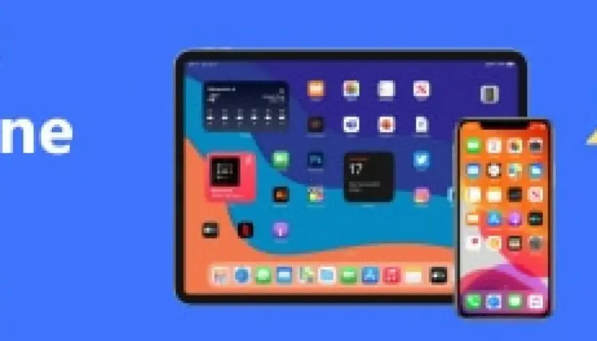 Un iPad y un iPhone muestran pantallas con iconos y widgets, listos para sincronizar.