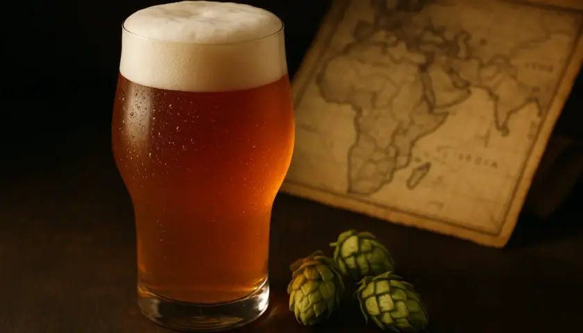 Verre de bière ambrée, houblons et carte ancienne. L'IPA, signification d'une bière aux arômes audacieux.