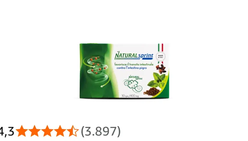 Scatola Natural Sprint, che favorisce il transito intestinale. Immagine di un intestino stilizzato con capsule e ingredienti naturali.