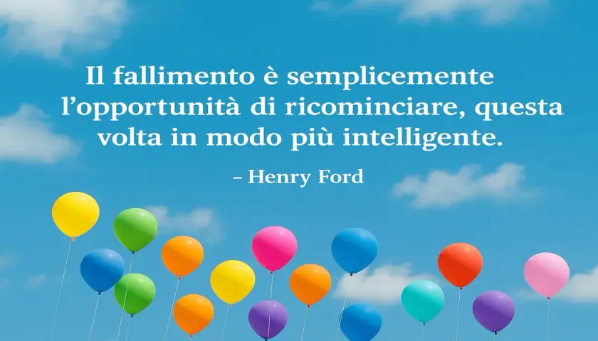 Colorful balloons float against a blue sky with clouds, with a quote by Henry Ford overlaid.