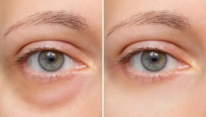 Vorher-Nachher-Vergleich: Deutliche Reduzierung von Augenringen und Schwellungen unter dem Auge.