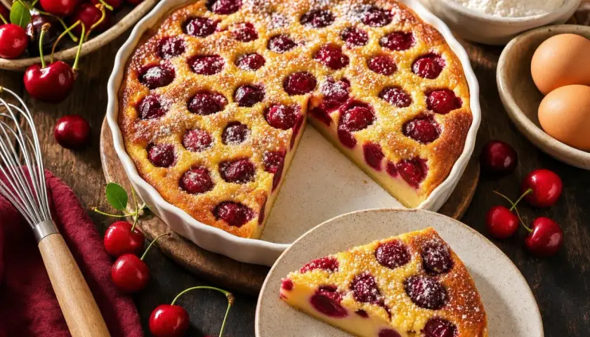 Un délicieux clafoutis aux cerises congelées, saupoudré de sucre glace, avec une part servie sur une assiette.