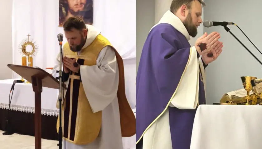 Ksiądz z ranami na dłoniach, co to znaczy suspendowany? W kościele, przed obrazem Jezusa, modli się.