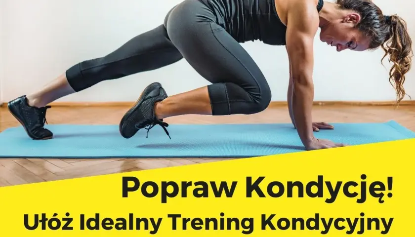 Kobieta wykonuje ćwiczenie "mountain climber" na macie. To świetny przykład treningu interwałowego, który poprawia kondycję.