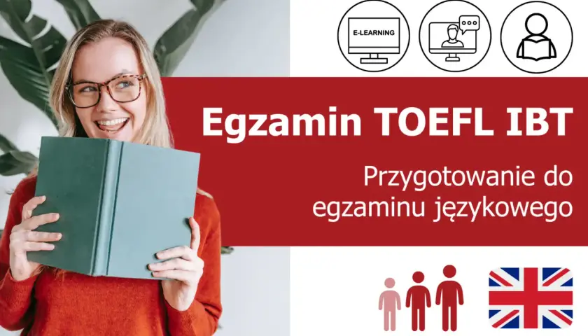 Uśmiechnięta dziewczyna z książką, przygotowująca się do egzaminu TOEFL iBT. Ikony symbolizują e-learning i naukę.
