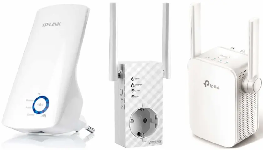 Trzy białe urządzenia: wzmacniacz internetu TP-Link z niebieskim pierścieniem, wzmacniacz z gniazdkiem i antenami, oraz kolejny wzmacniacz TP-Link z diodami.