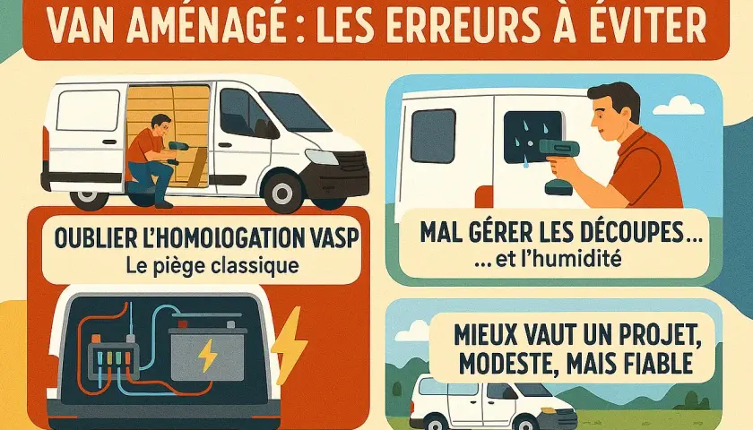 Conseils pour aménager un van : éviter l'oubli d'homologation VASP, mal gérer les découpes et l'humidité. Un projet modeste mais fiable est préférable.