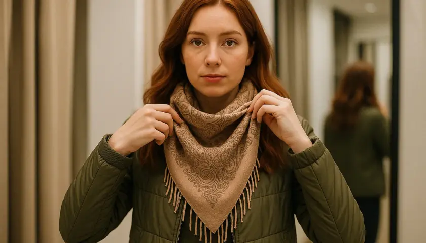 Ruda kobieta w zielonej kurtce poprawia beżową etolę z frędzlami i wzorem paisley.