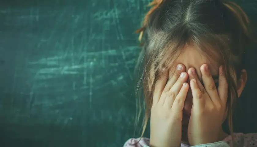 Dziecko z autyzmem zakrywa twarz dłońmi, być może bojąc się hałasu lub nieznanego.
