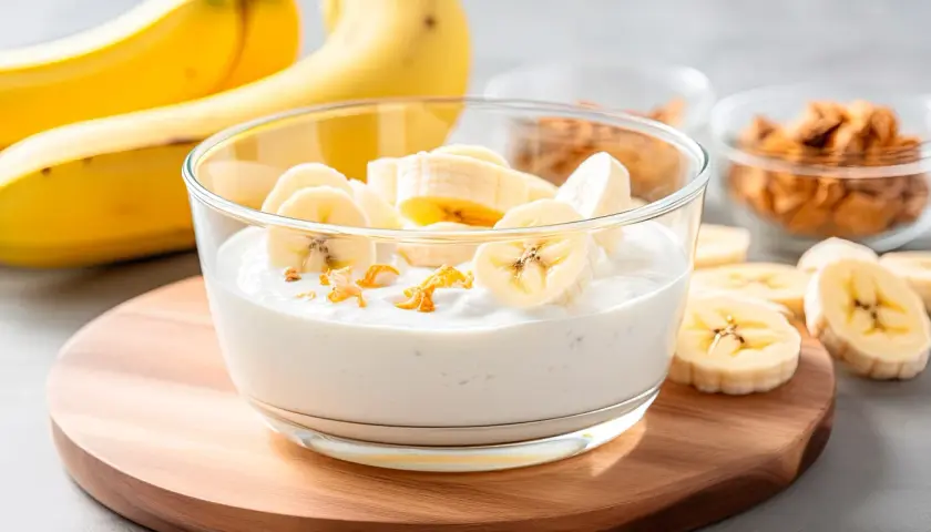 Biały jogurt z plasterkami banana i skórką pomarańczową w szklanej misce, obok banany i suszone owoce.